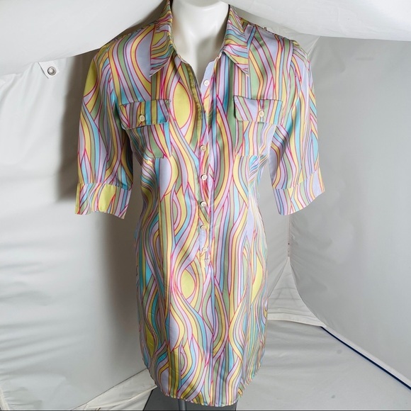 Anthropologie Dresses & Skirts - Anthropologie multicolor silk retro pastel patterned shirt dress M